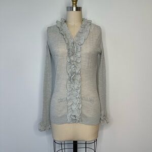 Anne Fontaine Gray Ruffled V-Neck Long Sleeve Blouse